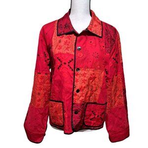 Chicos Design 100% Silk Red Black Asian Print Jacket Blazer 4 Button Front SZ 2